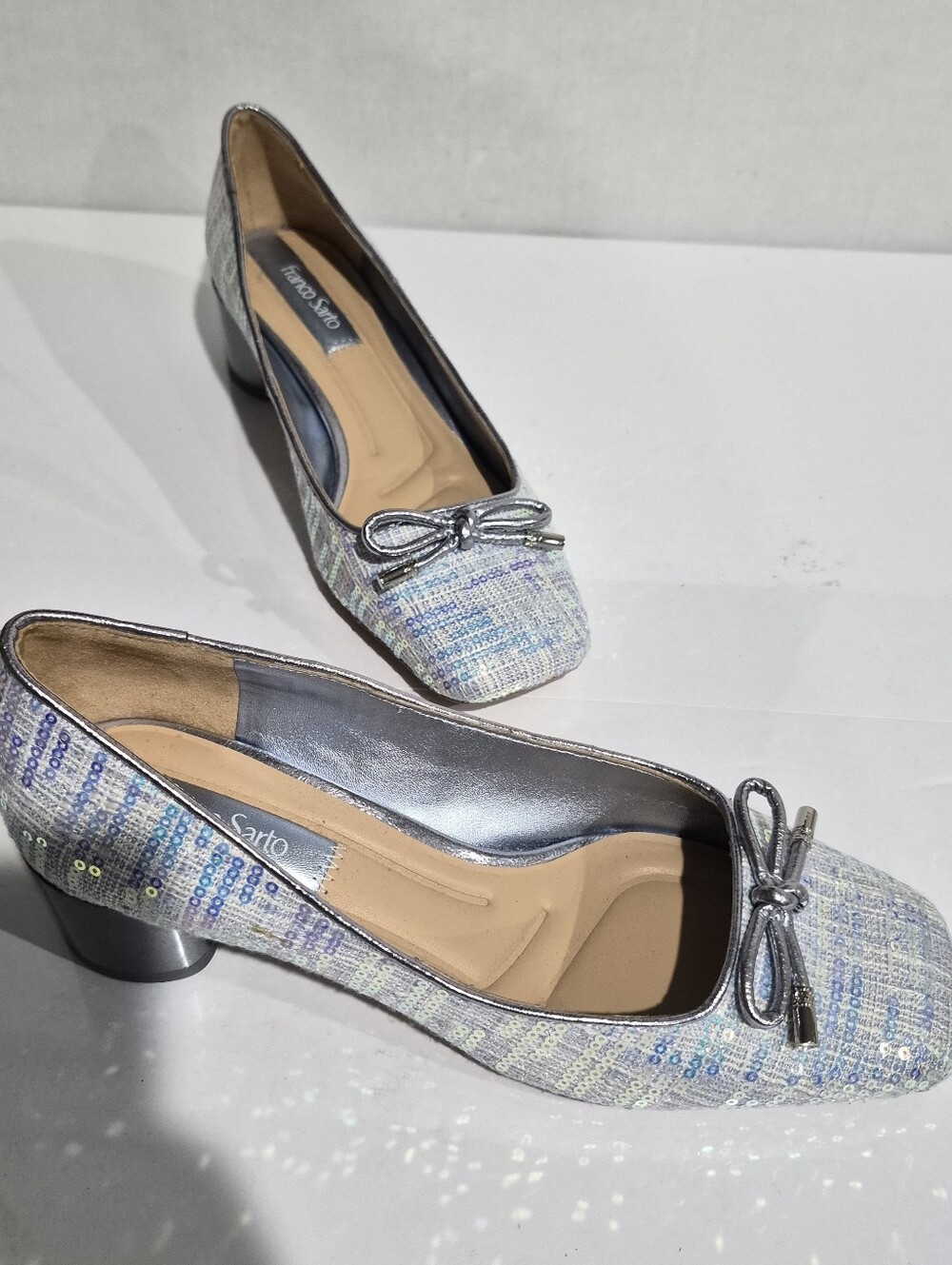 Franco Sarto Iridescent Silver-Tone Tweed Ballet Flats with Bow Size 7